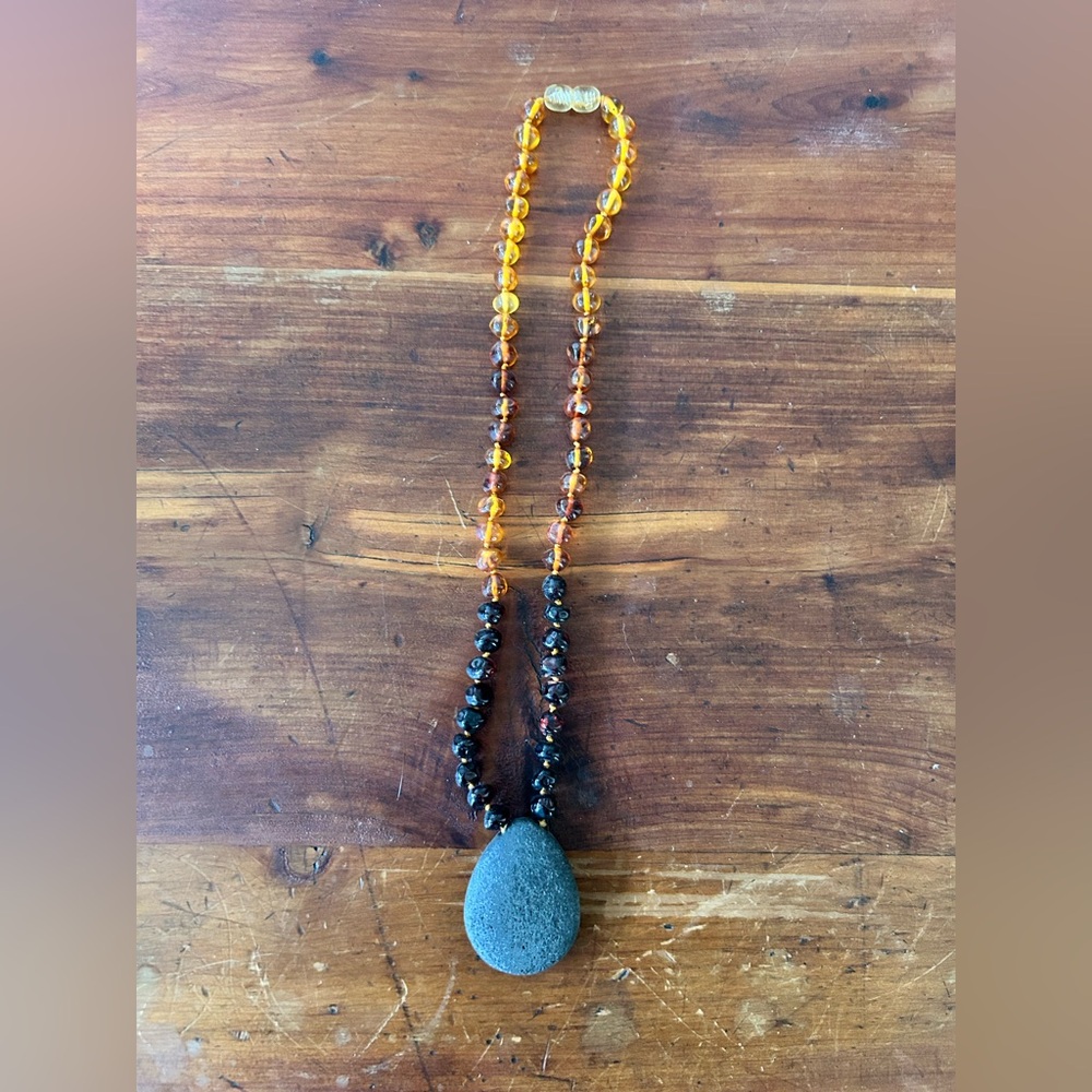 Amber Bead Necklace with Stone Pendant